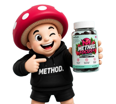 Method mascot holding Focus+ gummies
